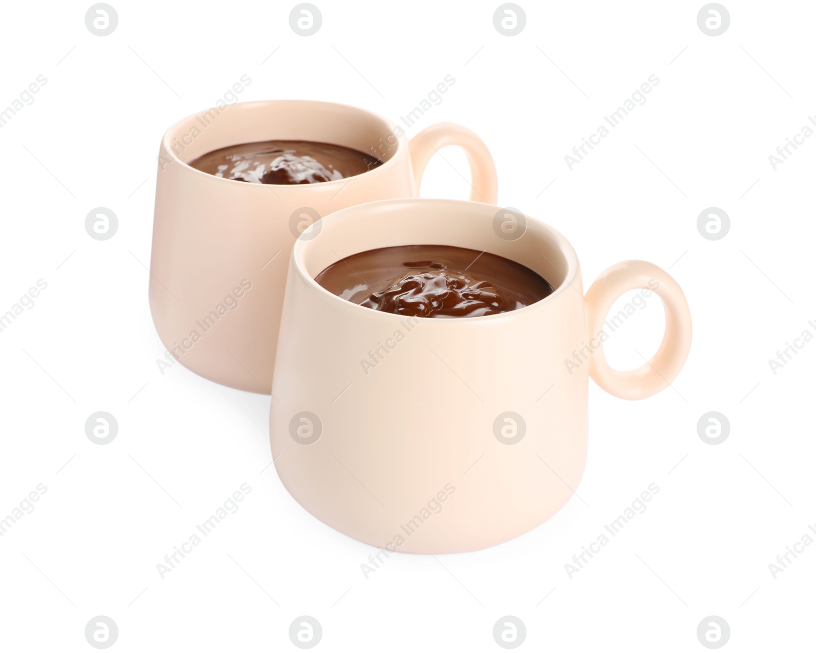 Photo of Cups of delicious hot chocolate on white background