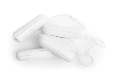 Tampons on white background, top view. Menstrual hygiene product