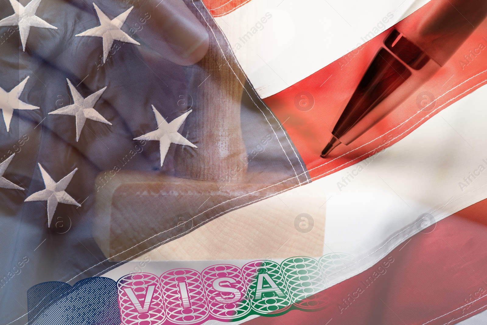 Image of Visa to United States of America, multiple exposure with national flag of USA