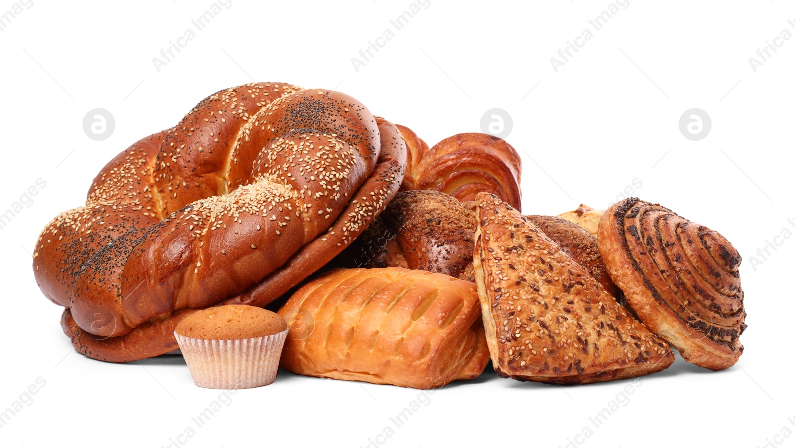 Photo of Many different tasty pastries isolated on white