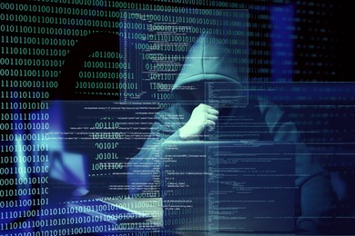 Image of Cyber attack. Hacker working with computers and breaking system to steal information on dark background. Different codes, illustration of lock and virtual screens near him