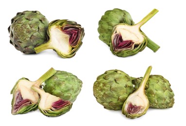 Image of Set with fresh raw artichokes on white background 