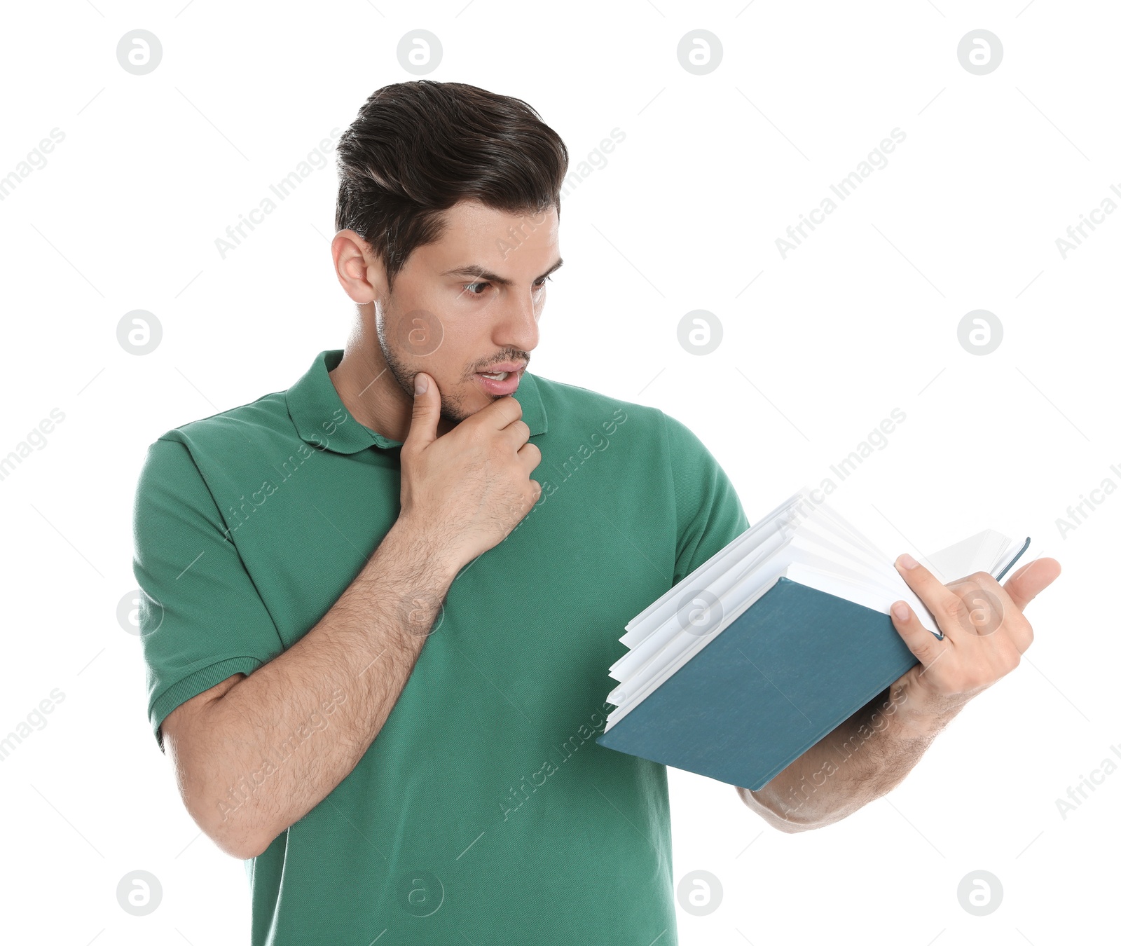 Photo of Handsome man reading book on white background