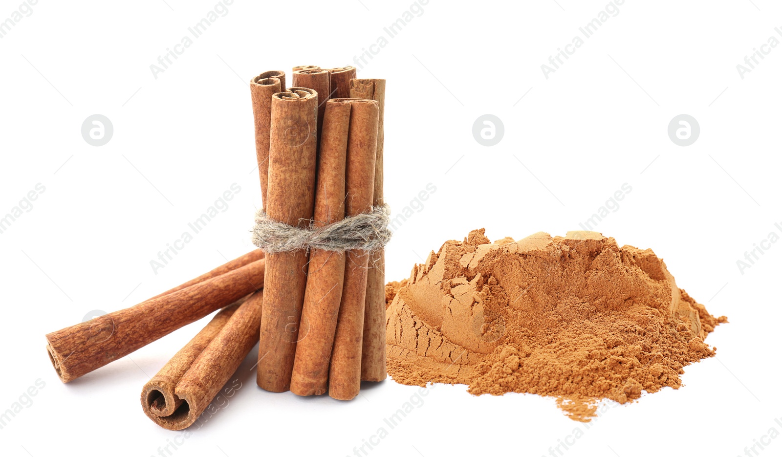 Image of Aromatic cinnamon sticks and powder on white background