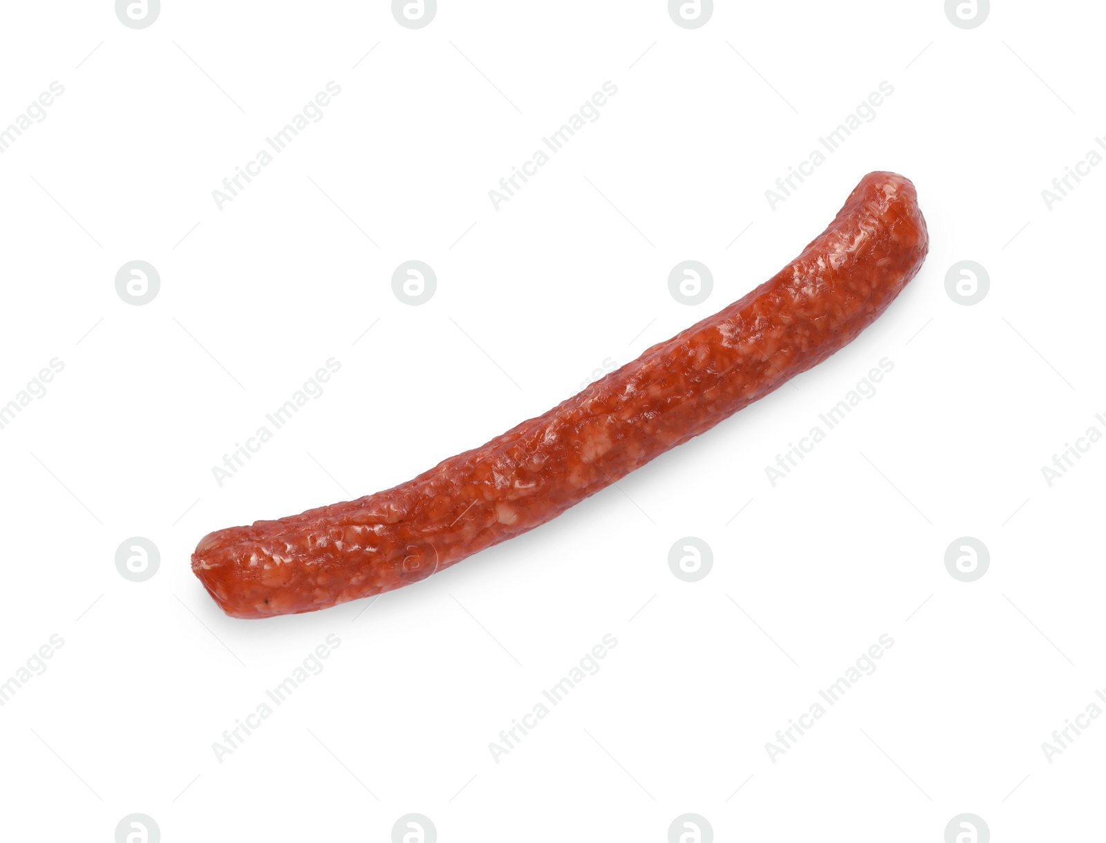 Photo of One thin dry smoked sausage isolated on white, top view