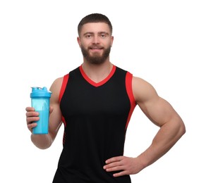 Photo of Young man with muscular body holding shaker of protein on white background