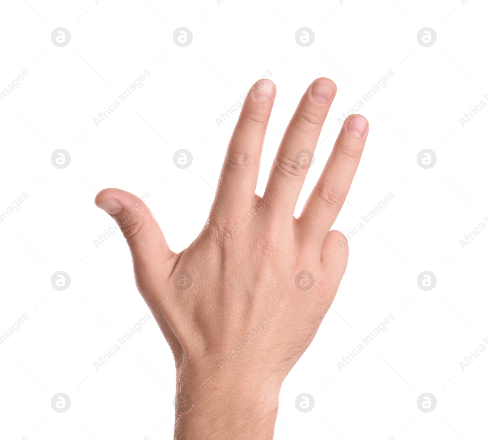 Photo of Man showing hand on white background, closeup