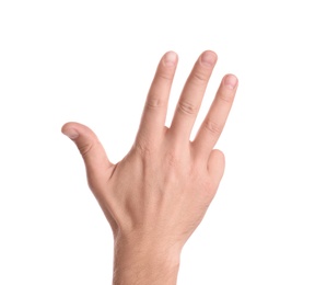 Photo of Man showing hand on white background, closeup