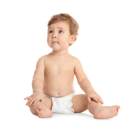 Cute little baby in diaper on white background