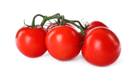 Photo of Branch of fresh cherry tomatoes isolated on white