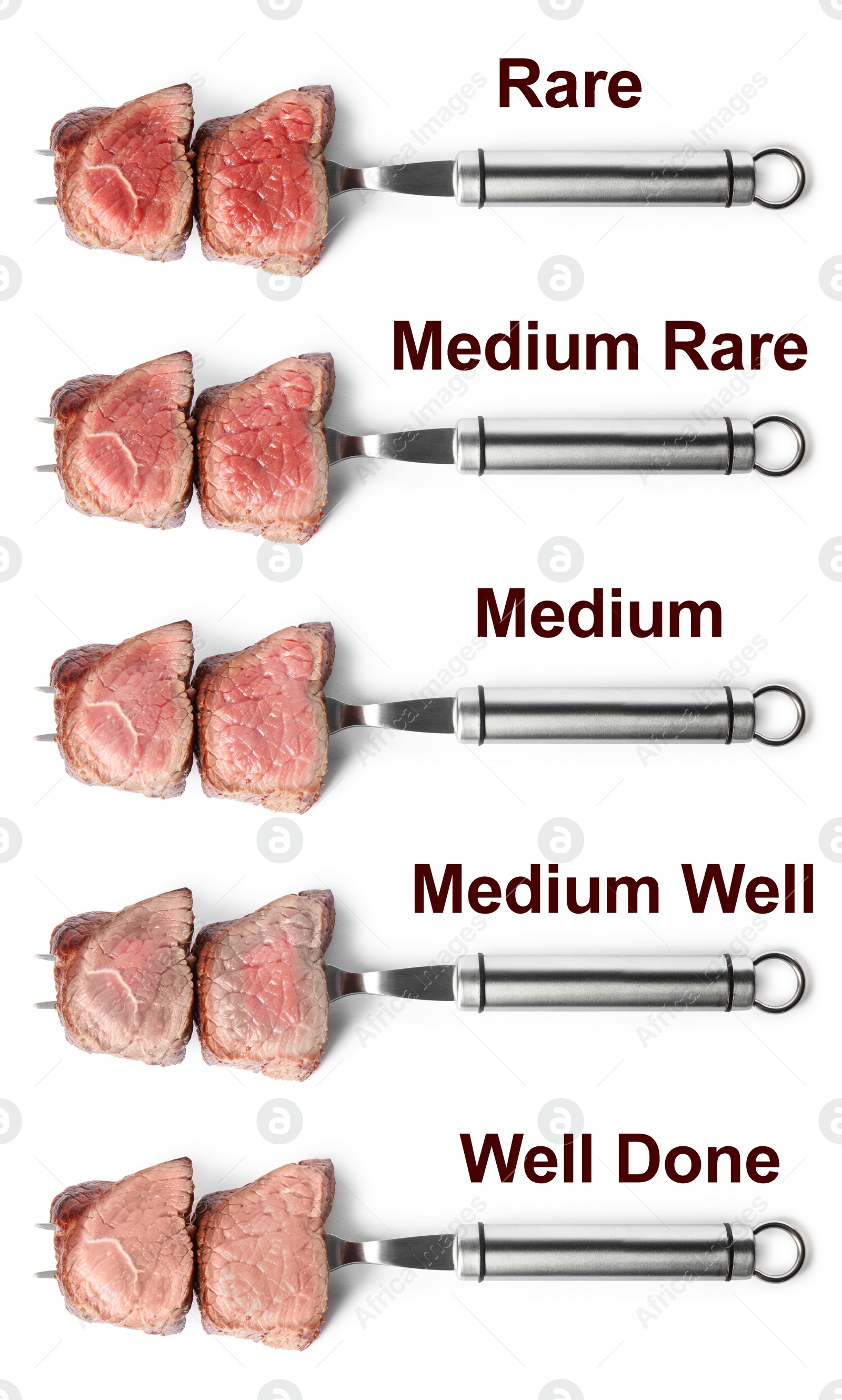 Image of Delicious sliced beef tenderloins with different degrees of doneness on white background, top view 