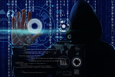 Image of Man in hood and digital binary code on dark background. Cyber attack concept