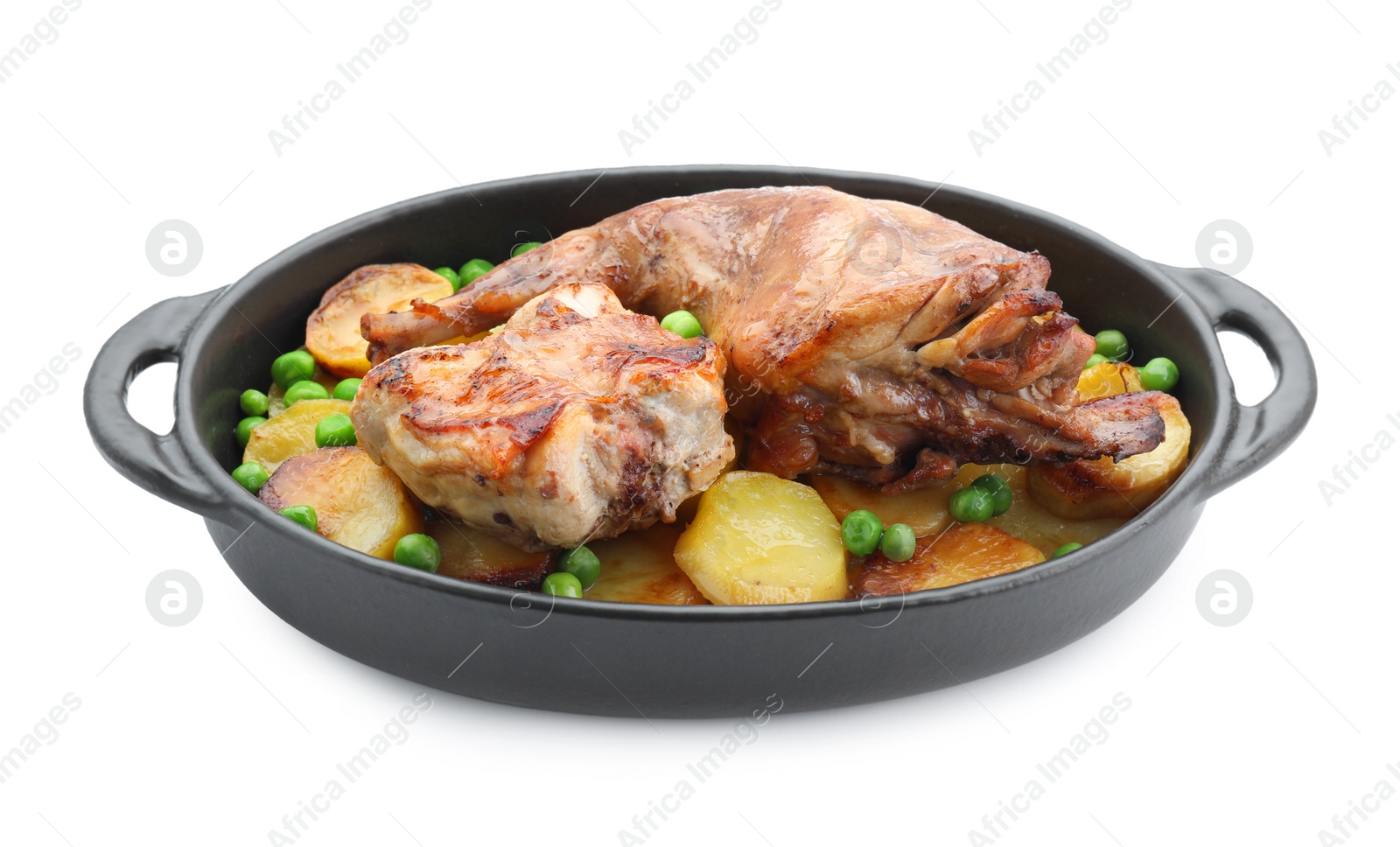 Photo of Tasty cooked rabbit with vegetables in baking dish isolated on white