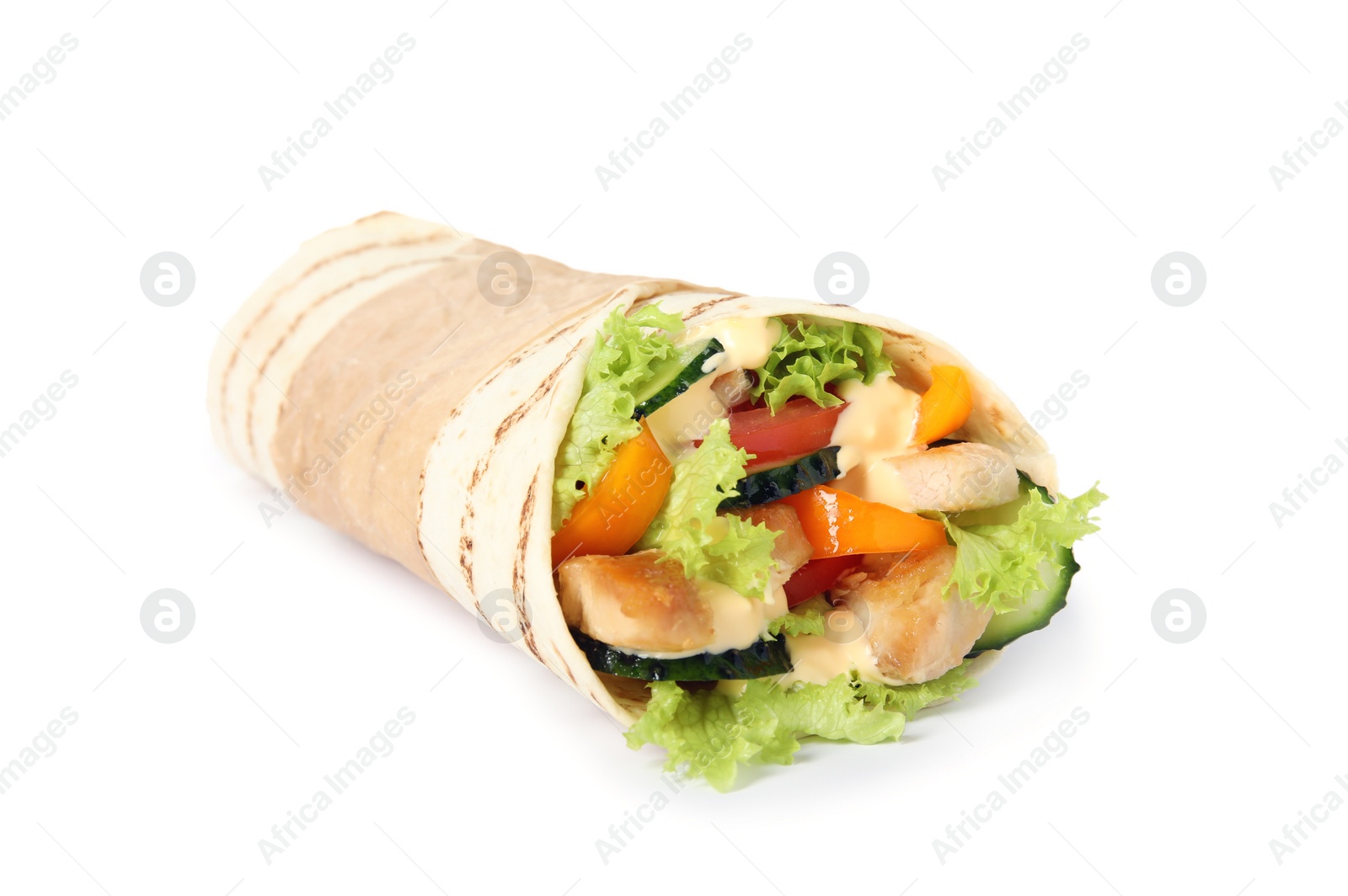 Photo of Delicious shawarma with chicken and fresh vegetables   isolated on white