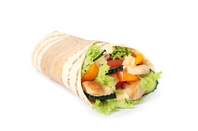 Delicious shawarma with chicken and fresh vegetables   isolated on white