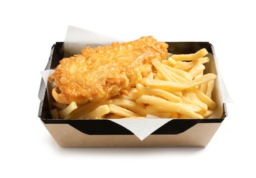 Photo of Disposable container with British Traditional Fish and potato chips on white background