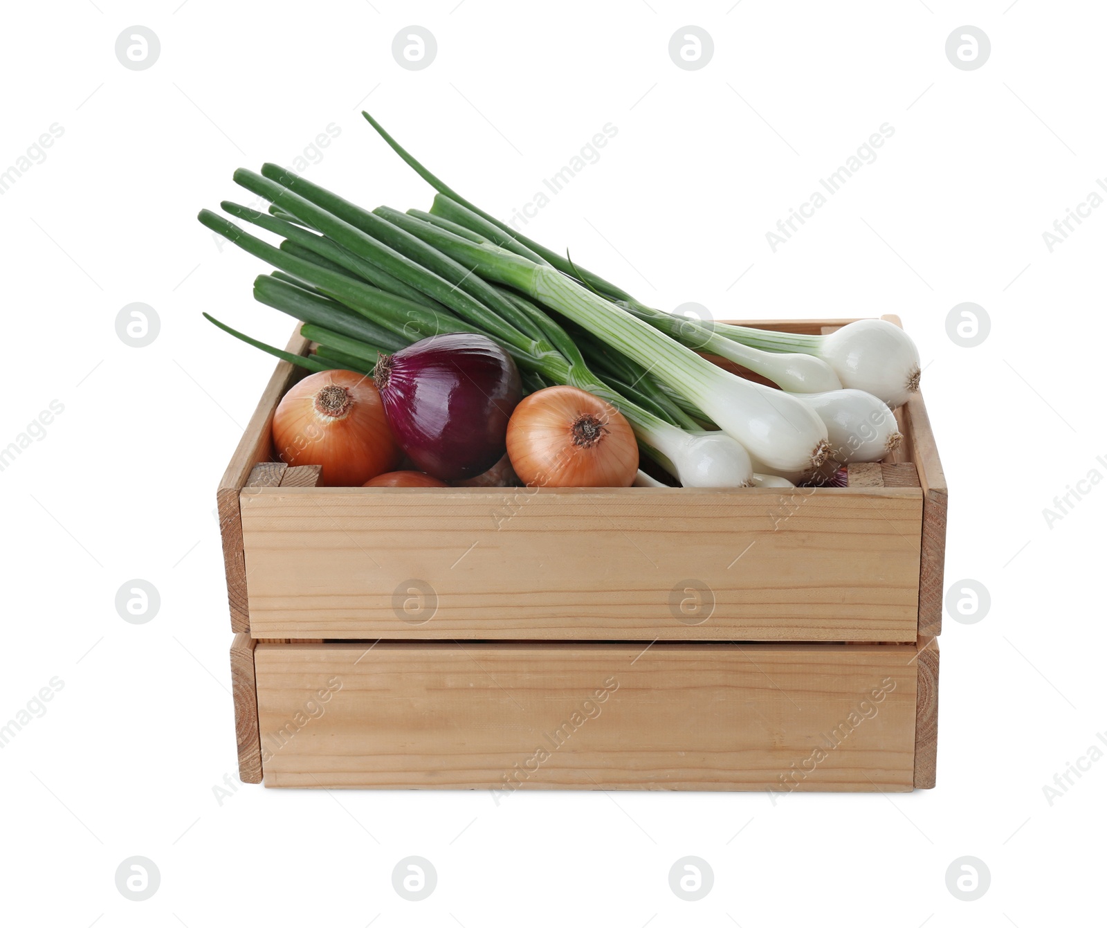 Photo of Wooden crate with different kinds of onions isolated on white