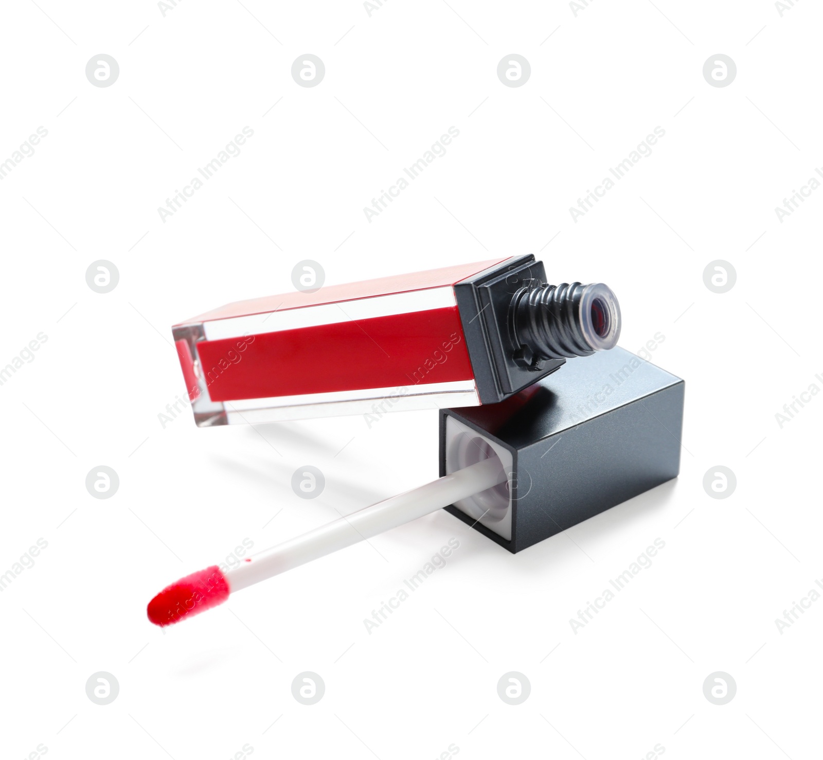 Photo of Red liquid lipstick with applicator on white background