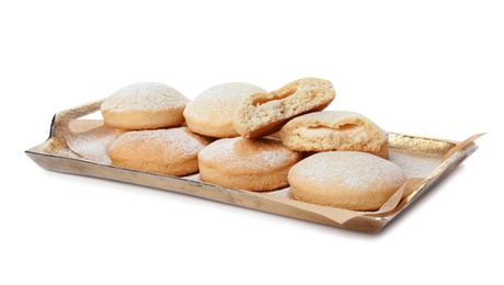 Tray with cookies for Islamic holidays isolated on white. Eid Mubarak