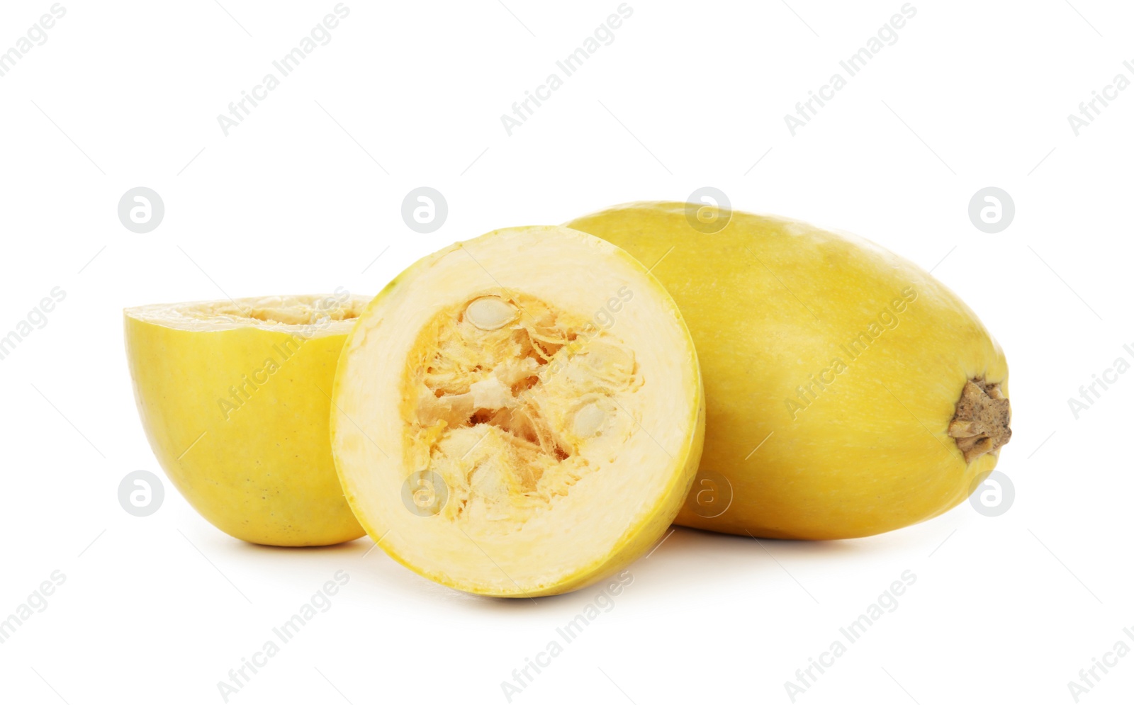 Photo of Whole and cut spaghetti squashes on white background