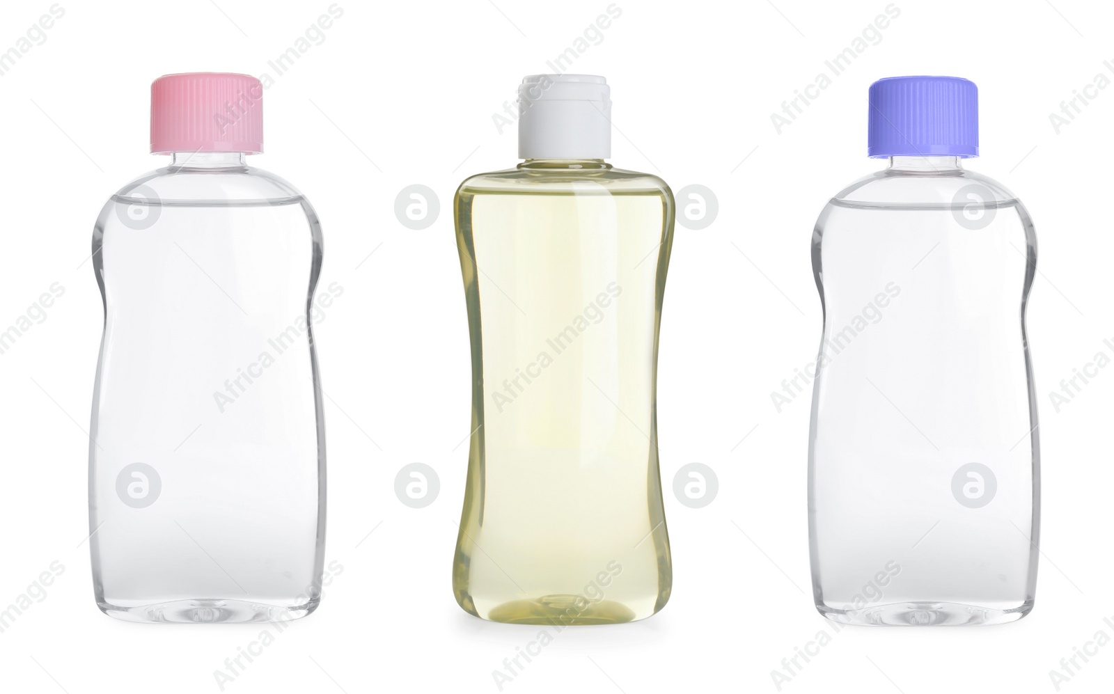 Image of Set with bottles of baby oil on white background