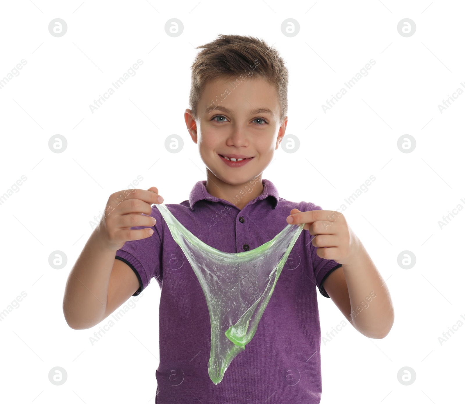 Photo of Little boy with slime on white background