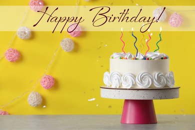 Image of Happy Birthday! Delicious cake with burning candles on table against yellow background