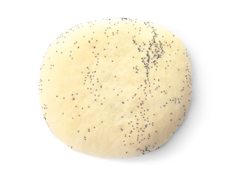 Raw dough with poppy seeds on white background