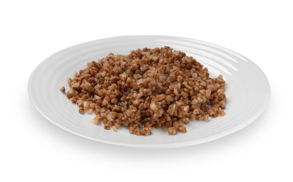 Photo of Plate with tasty buckwheat isolated on white