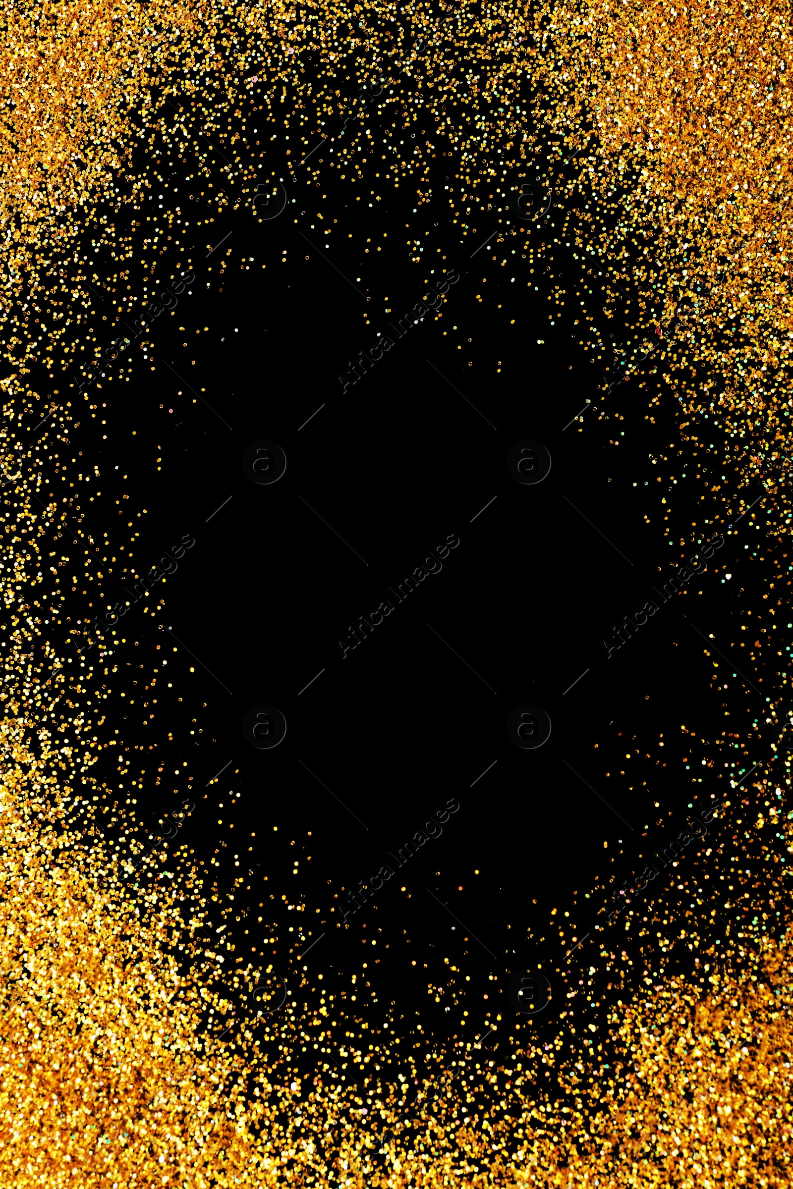 Photo of Frame made of gold glitter on black background, top view with space for text