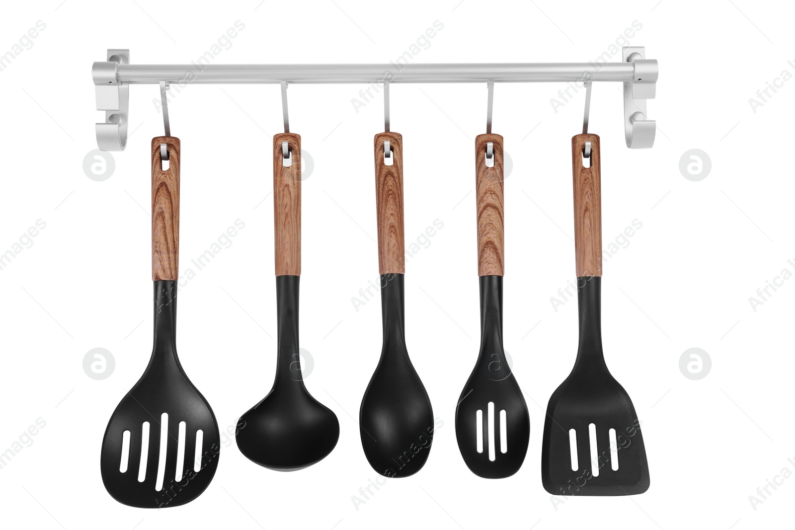 Photo of Metal rack with set of kitchen utensils on white background