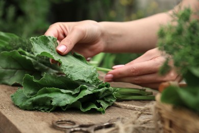 Woman with fresh green leaves at wooden table outdoors, closeup. Drying herbs