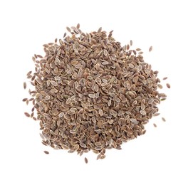 Heap of dry dill seeds isolated on white, top view