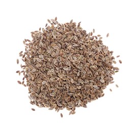 Photo of Heap of dry dill seeds isolated on white, top view