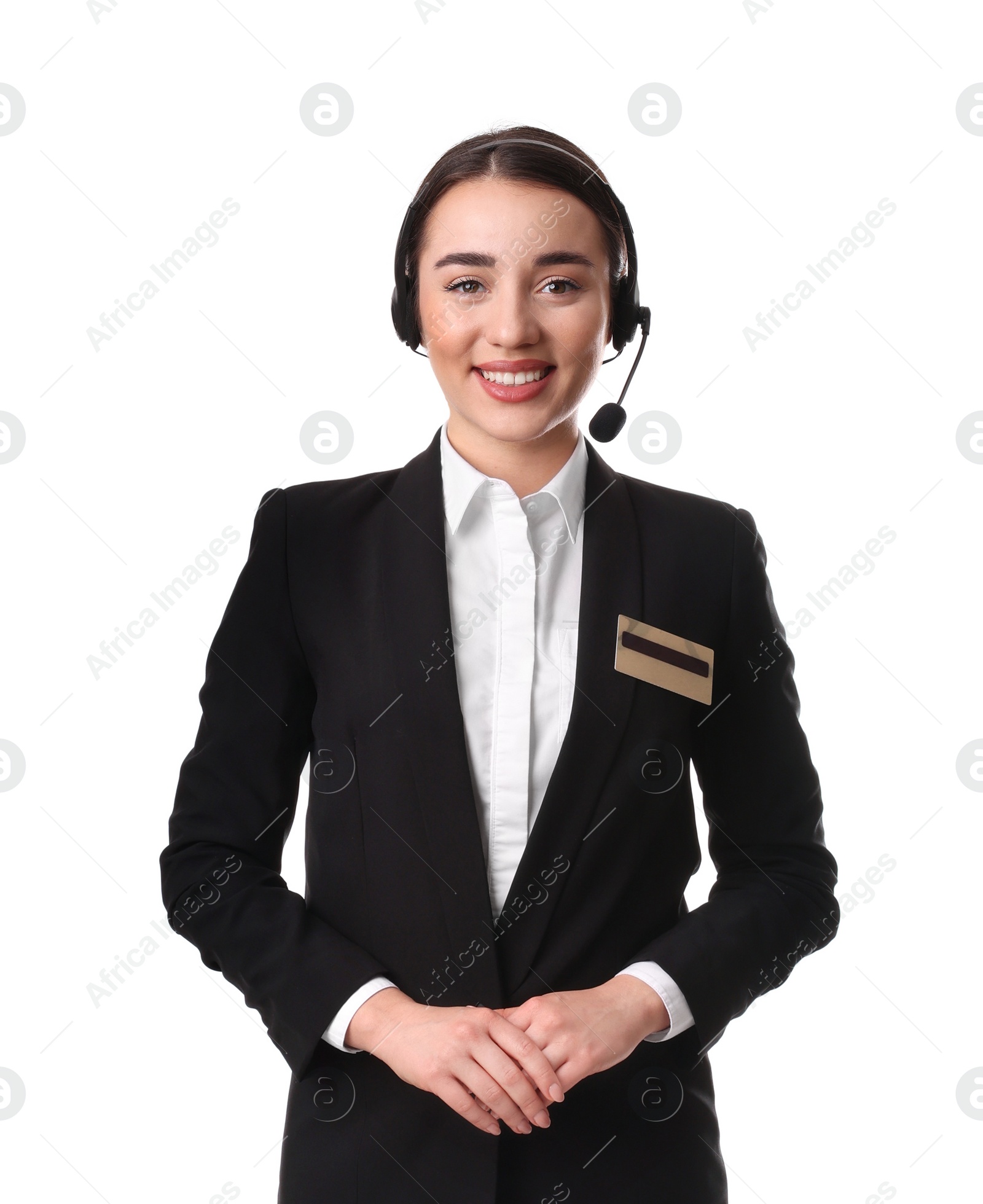 Photo of Portrait of receptionist with headset on white background