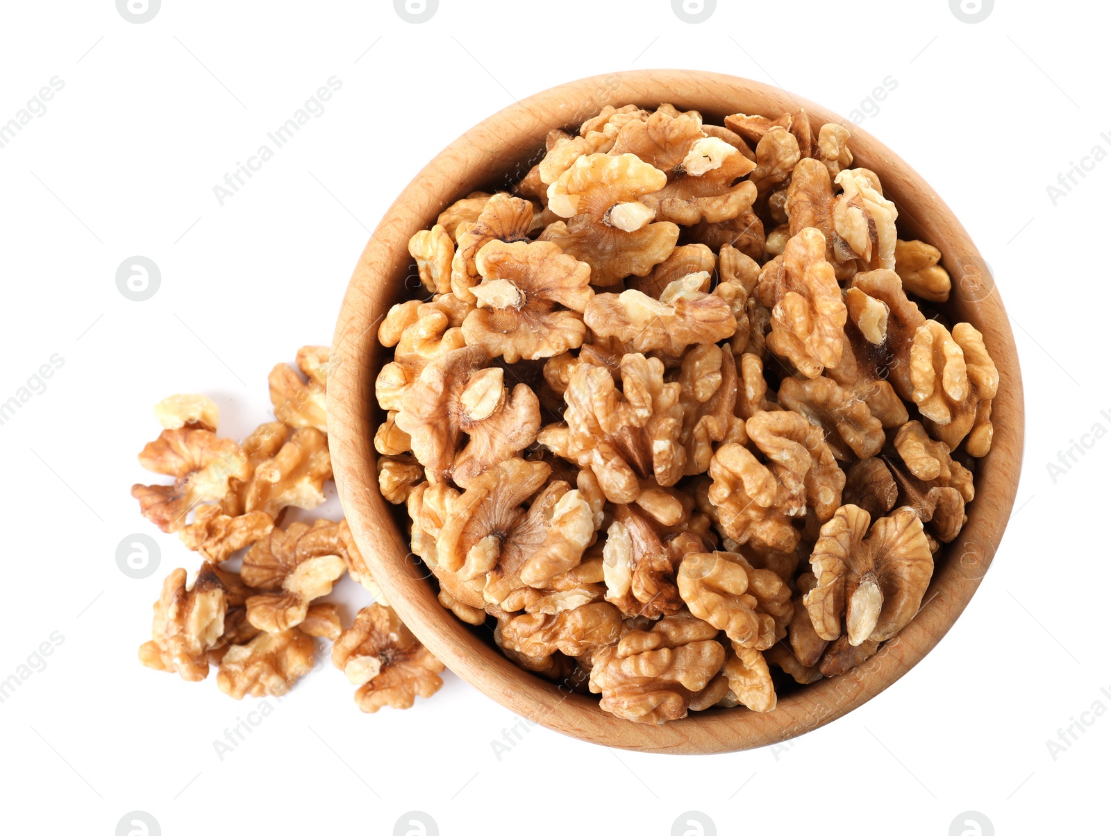 Photo of Bowl with walnuts on white background, top view