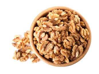 Bowl with walnuts on white background, top view