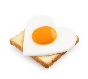 Photo of Tasty fried egg in shape of heart with toast isolated on white