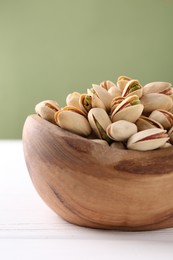 Tasty pistachios in bowl on white wooden table against olive background, closeup