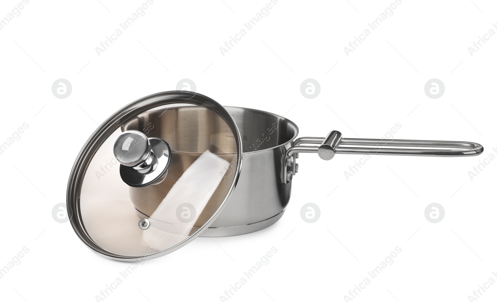 Photo of New shiny saucepan with glass lid isolated on white