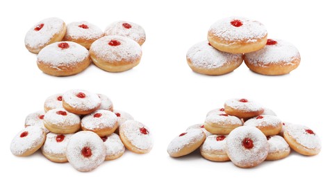 Image of Delicious donuts with jelly and powdered sugar on white background, collage