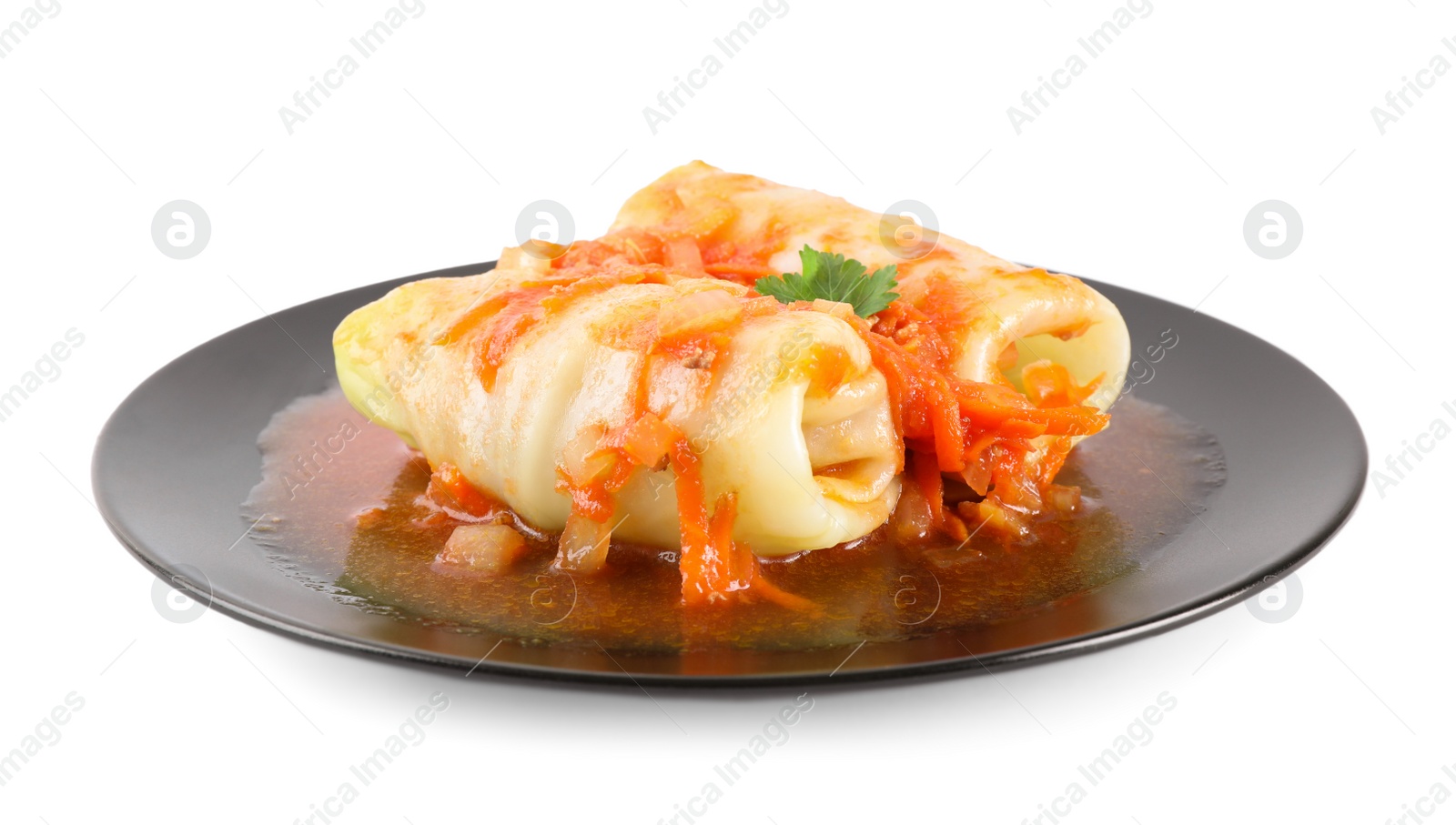 Photo of Delicious cabbage rolls with sauce isolated on white