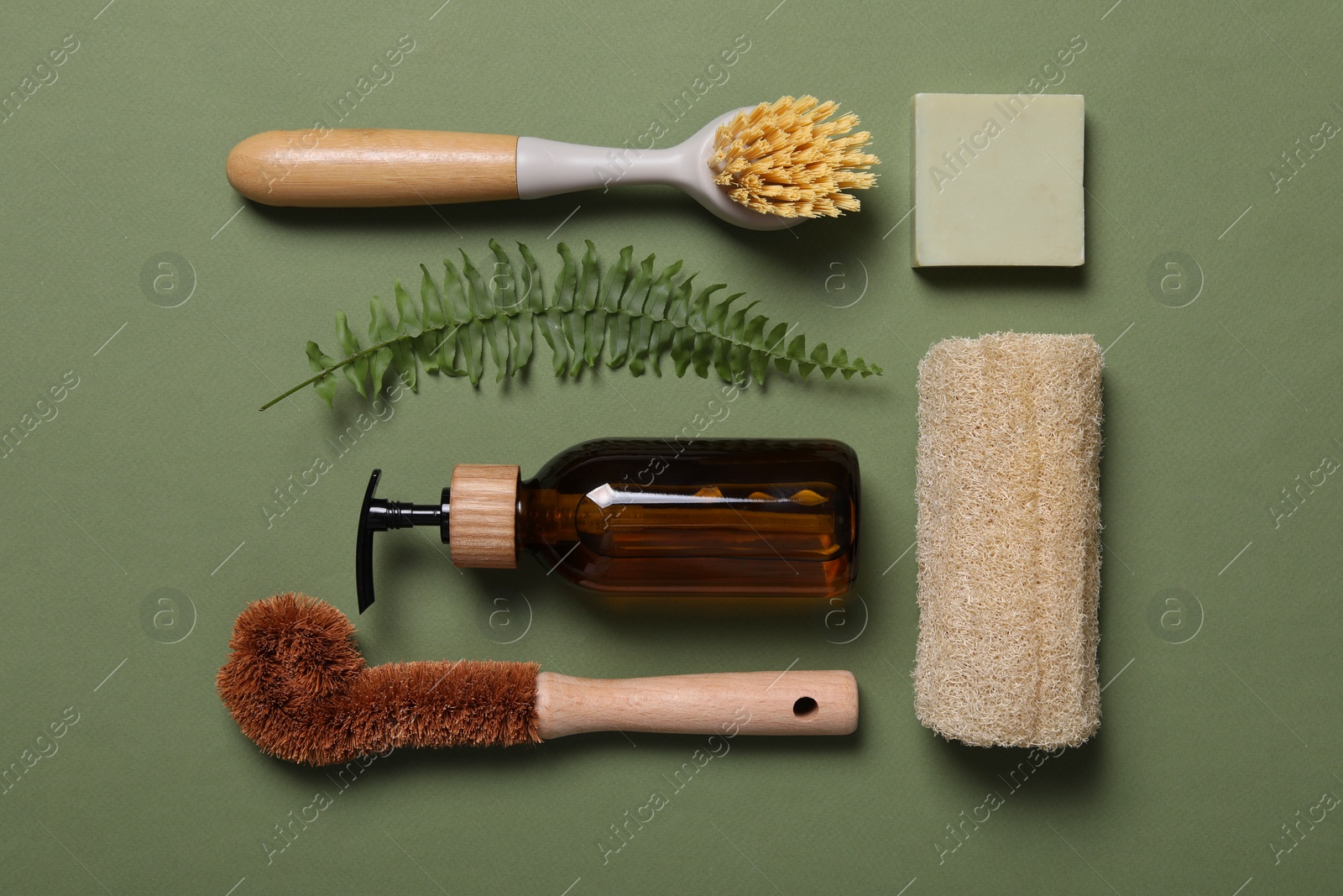 Photo of Cleaning brushes, loofah, soap bar, dispenser and fern leaf on green background, flat lay