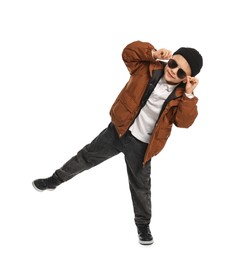 Photo of Fashion concept. Stylish boy with sunglasses on white background