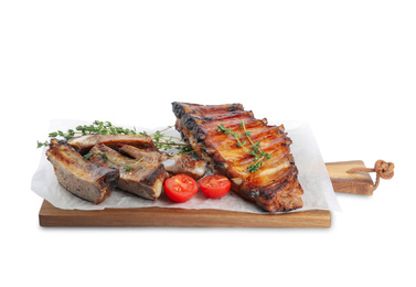 Tasty grilled ribs with thyme and tomatoes isolated on white