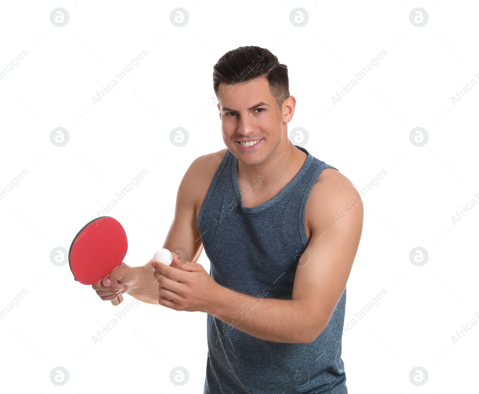 Photo of Handsome man with table tennis racket and ball on white background. Ping pong player