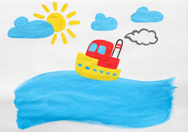 Photo of Child's painting of ship in sea on white paper
