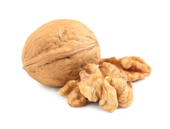 Photo of Fresh ripe tasty walnuts on white background