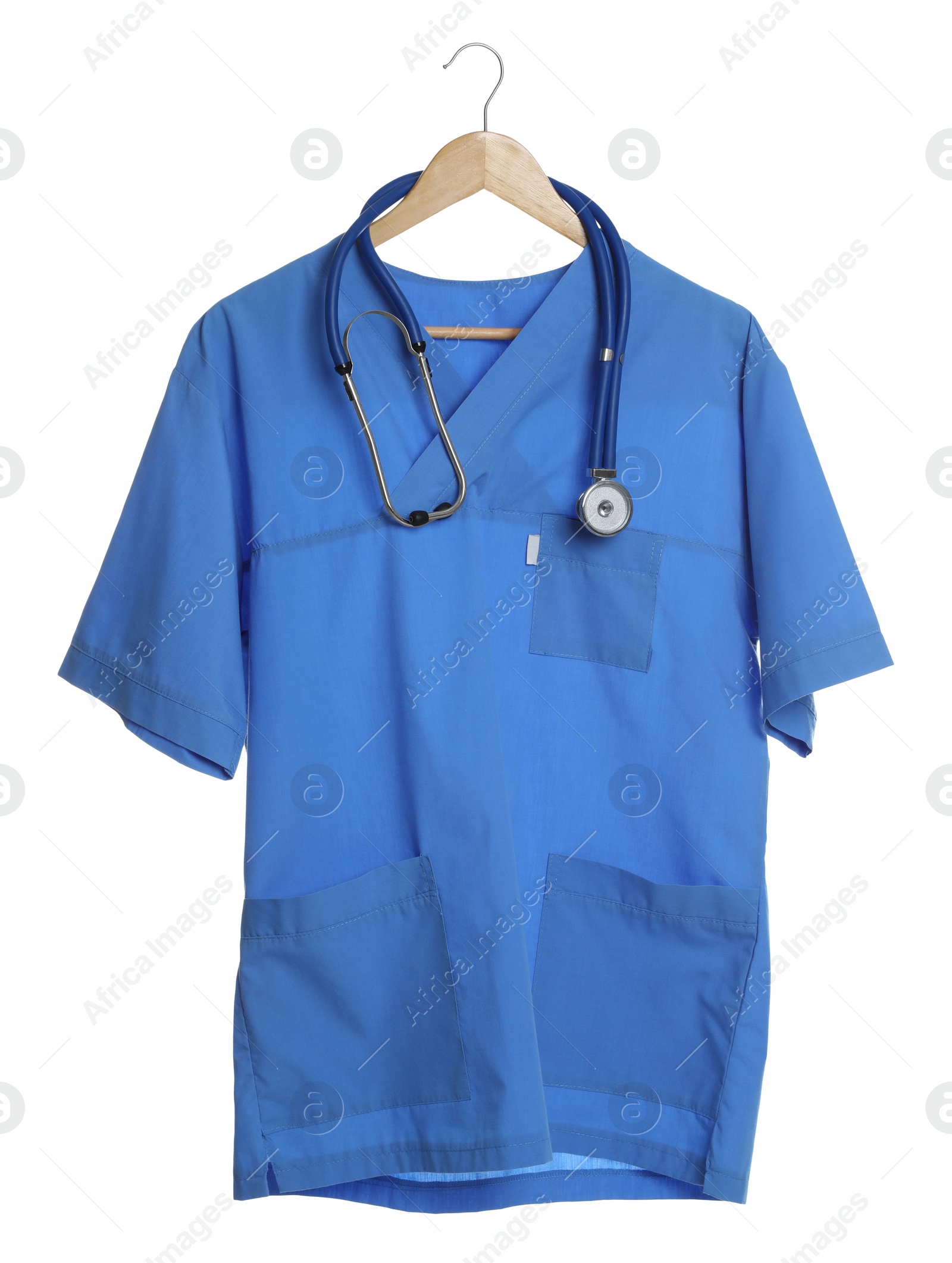 Photo of Light blue medical uniform and stethoscope on white background