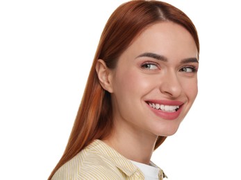 Photo of Beautiful woman with clean teeth smiling on white background